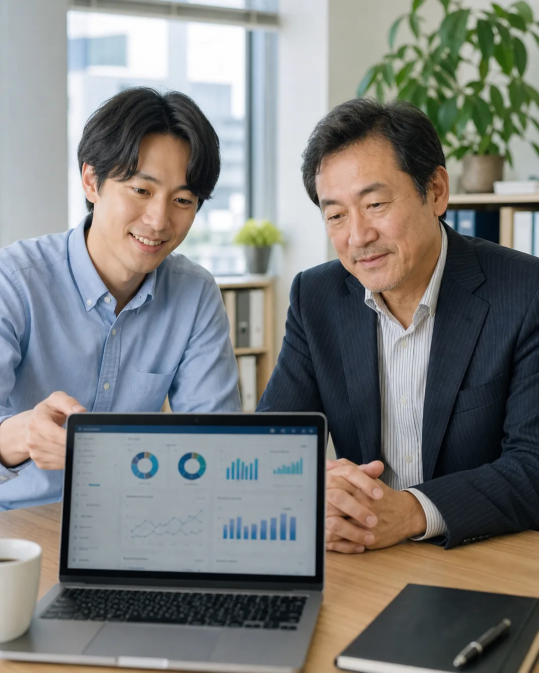 顧問が社長のノートPCの隣に座って、AIツールの画面を見せながら説明している